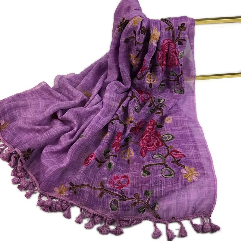 Women's Cotton Hijab Scarf Warm Embroider Soft Shawl Flower Tassel Fashion Muslim Headband Long Wraps Muffler Pashmina Bandana