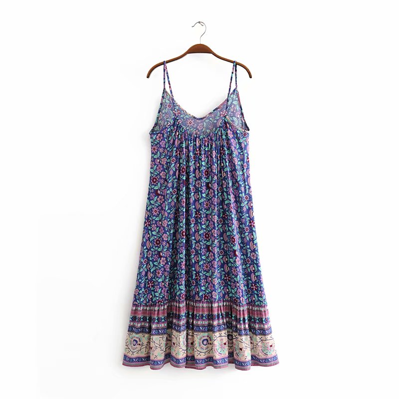 Vintage Floral Purple Multicolor Print on an Easy Breezy, Spaghetti Strap, Bohemian Dress