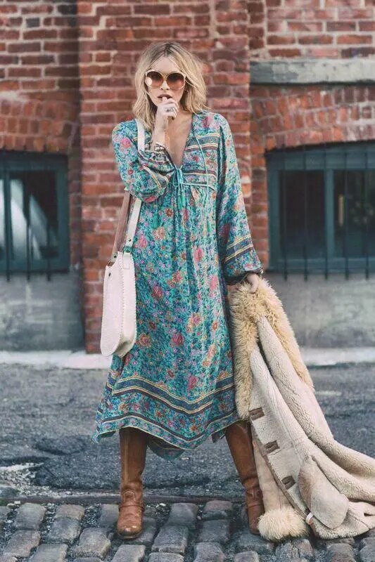 Hippie, Retro Indian Floral Print in great warm weather colors. Midi Dress length with Wide V Neck, Puff Sleeves, Great looking!