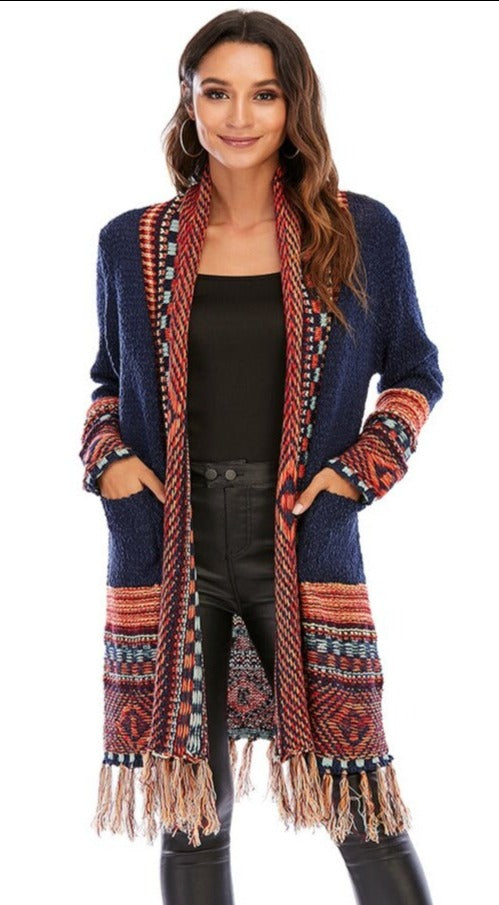 Cozy Cardigans with Geometric Designs, Hem Fringe. Open Front with Pockets! 