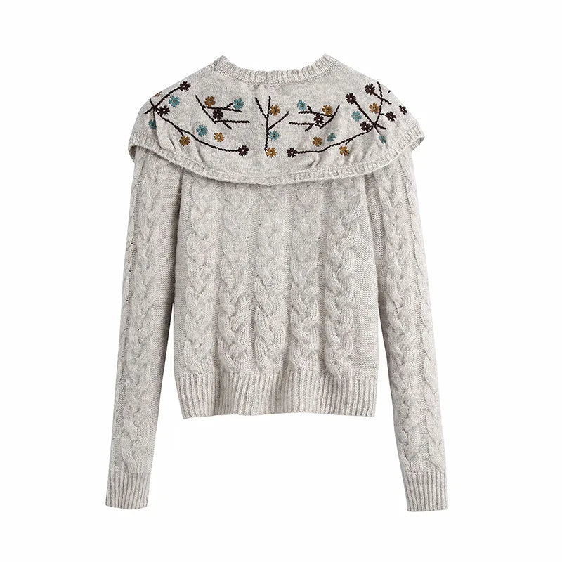 Retro style, Long Sleeve, Cable Knit Pullover with a wide Lapel Collar Embroidered with lots of Sweet Flower Sprigs. Simple and Special!