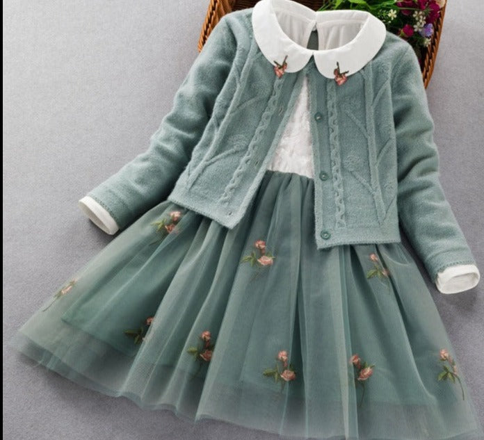 Elegant Girl's Dress and Sweater Sets in Soft Spring colors. Dress top & tulle skirt are Embroidered. She'll feel confident & happy in this charming outfit.