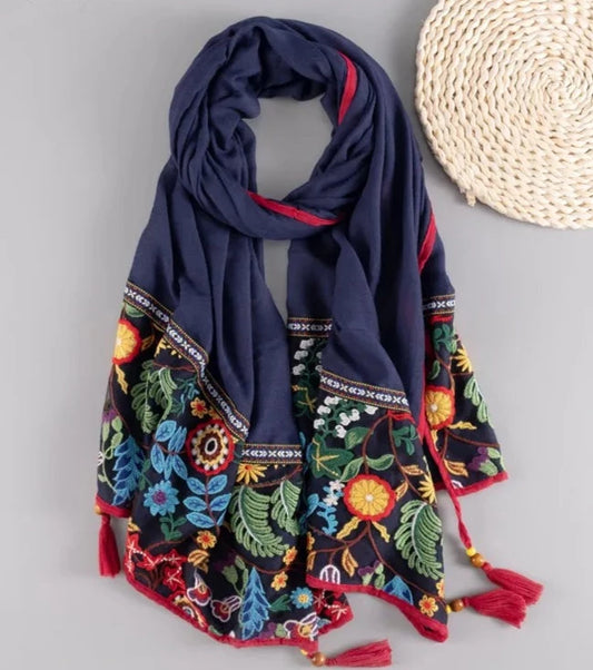 Elegant 2-3 Season Scarves/Shawls Embroidered on the long edge with colorful Floral Designs