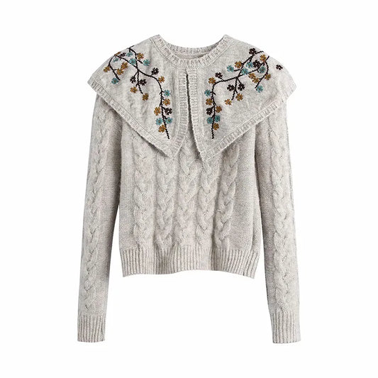 Retro style, Long Sleeve, Cable Knit Pullover with a wide Lapel Collar Embroidered with lots of Sweet Flower Sprigs. Simple and Special!