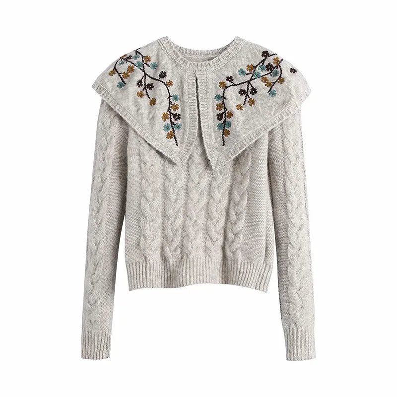 Retro wide Lapel with Flower Embroidered Sweater.  Simple and Special, Long Sleeve, Knit Pullover.