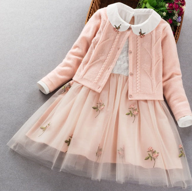 Elegant Girl's Dress and Sweater Sets in Soft Spring colors. Dress top & tulle skirt are Embroidered. She'll feel confident & happy in this charming outfit.