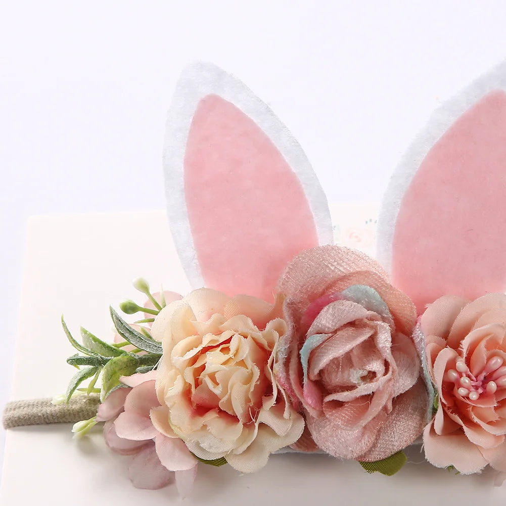 Easter Day Baby Headband Rabbit Ear Newborn Photography Props Boy Girl Nylon Hair Bands Artificial Flower Festival Headwrap