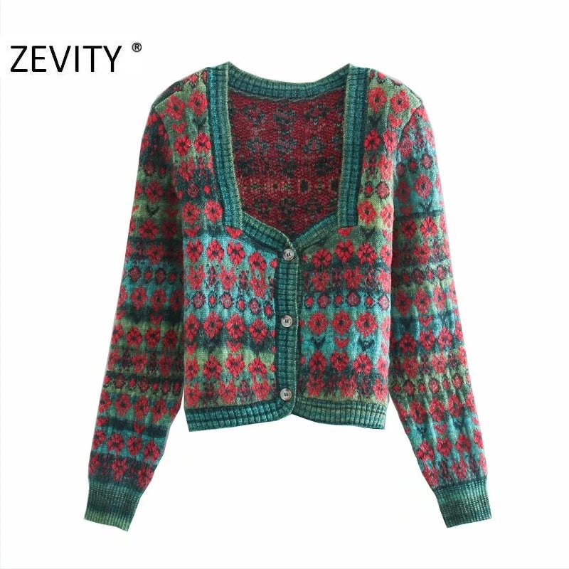 Retro Cropped, Square Collar, Floral Jacquard Knit Sweater. Cozy Long Sleeve Cardigan.