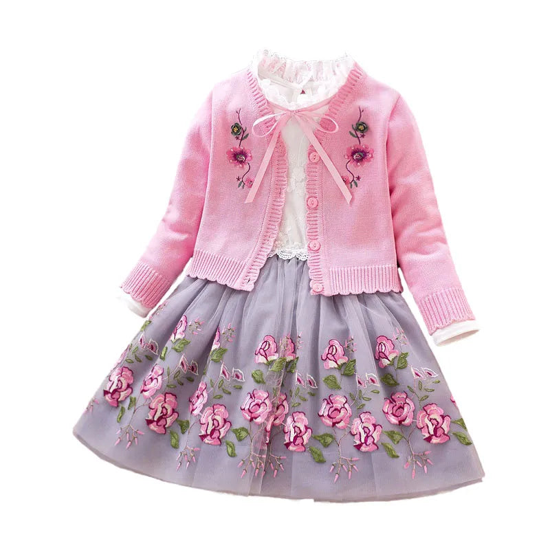 Kids Girls Clothing Set autumn winter spring Baby Girl Long Sleeve Cotton Sweater Coat+Dress 2Pcs Suits Children Clothes 3-9Year