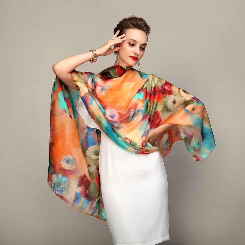 Delightful Scarves of Mulberry Silk in Voluminous Size and Delicious Impressionistic Designs.