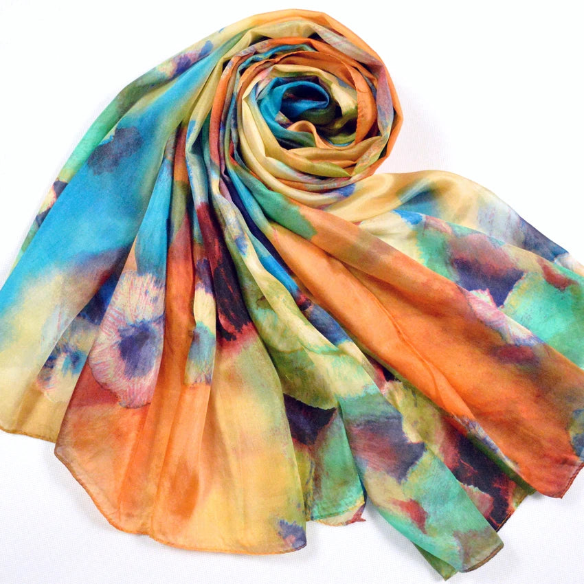 Delightful Scarves of Mulberry Silk in Voluminous Size and Delicious Impressionistic Designs.