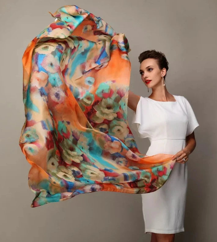 Delightful Scarves of Mulberry Silk in Voluminous Size and Delicious Impressionistic Designs.