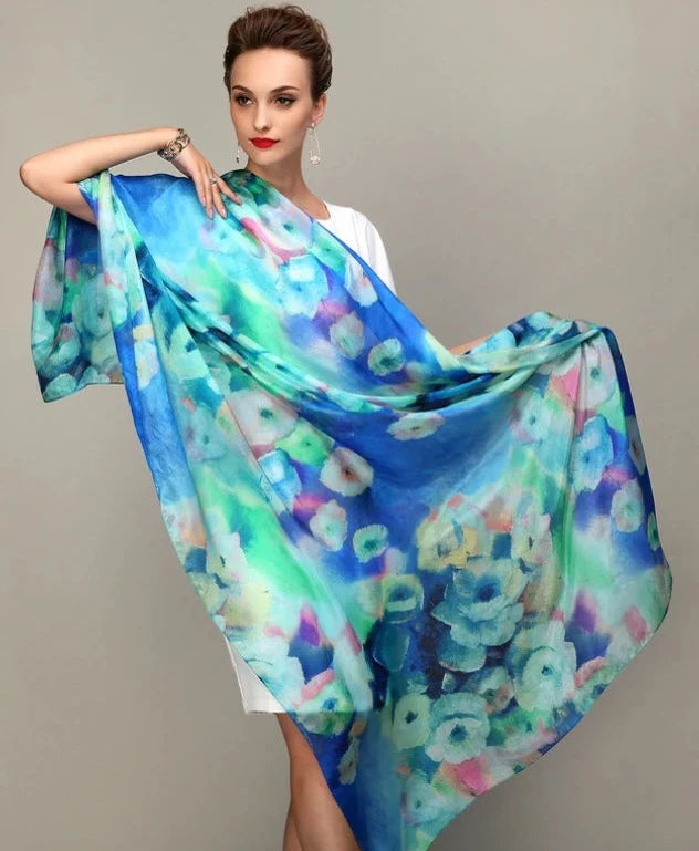 Delightful Scarves of Mulberry Silk in Voluminous Size and Delicious Impressionistic Designs.