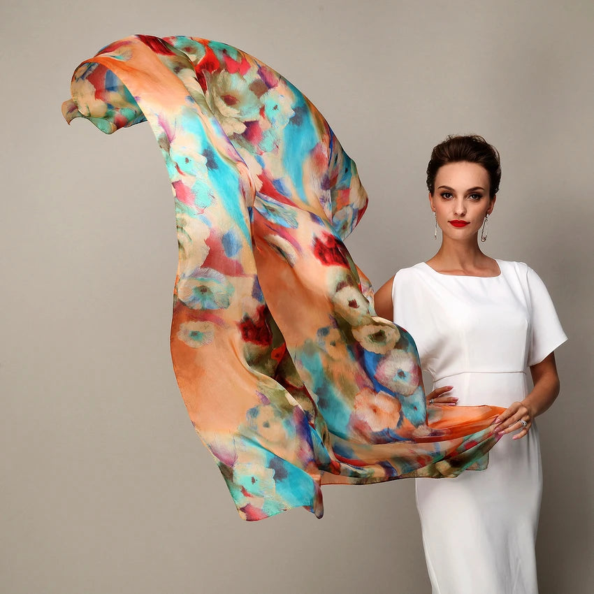 Delightful Scarves of Mulberry Silk in Voluminous Size and Delicious Impressionistic Designs.