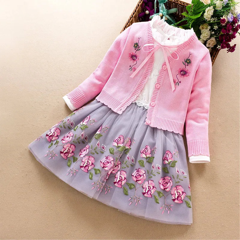 Kids Girls Clothing Set autumn winter spring Baby Girl Long Sleeve Cotton Sweater Coat+Dress 2Pcs Suits Children Clothes 3-9Year