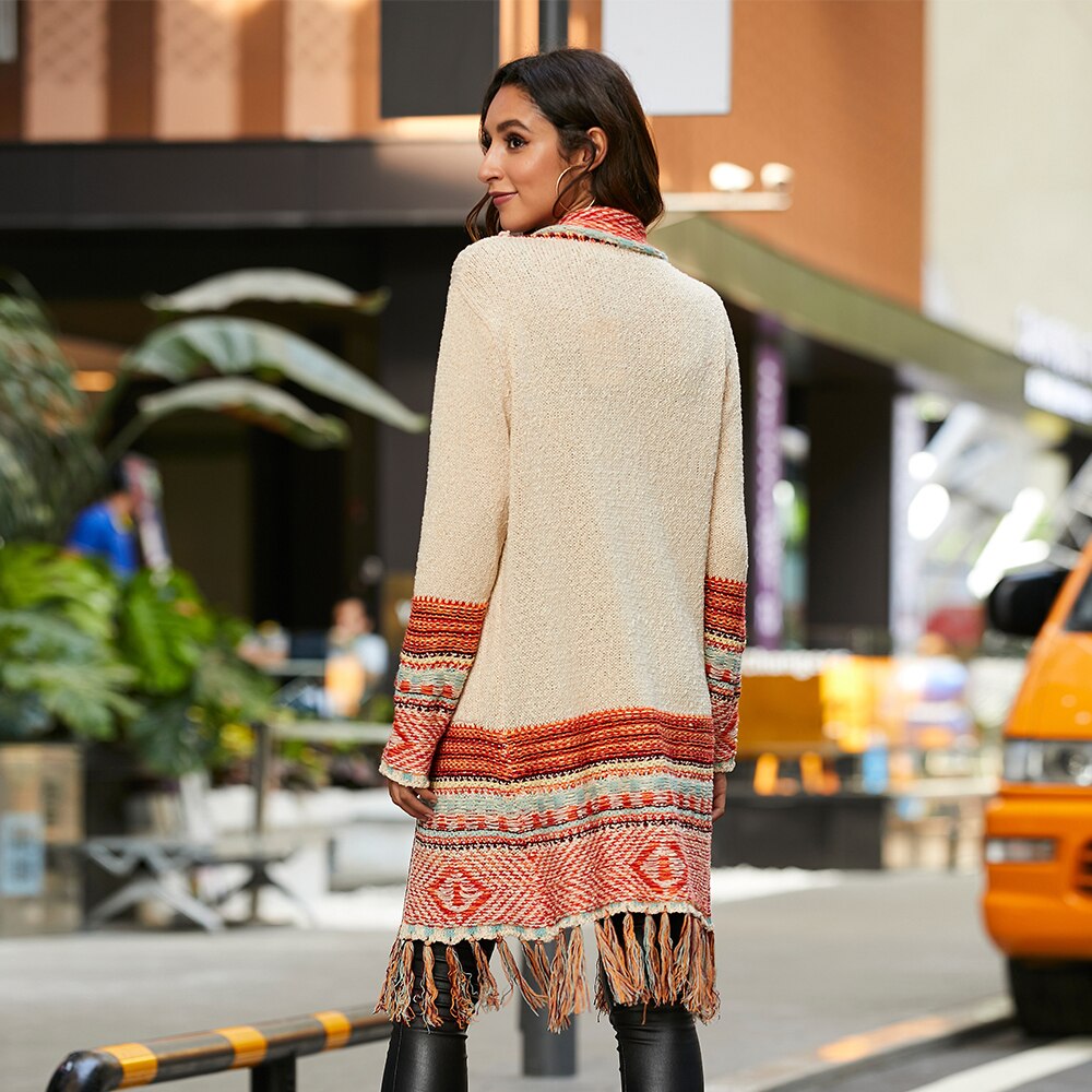 Peachy Boho Cardigan Sweater - Open Front with Pockets and Fringed Hem.