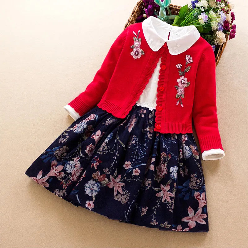 Kids Girls Clothing set 2019 autumn winter new Baby girl embroidered cotton sweater coat+dress 2Pcs little girl princess clothes