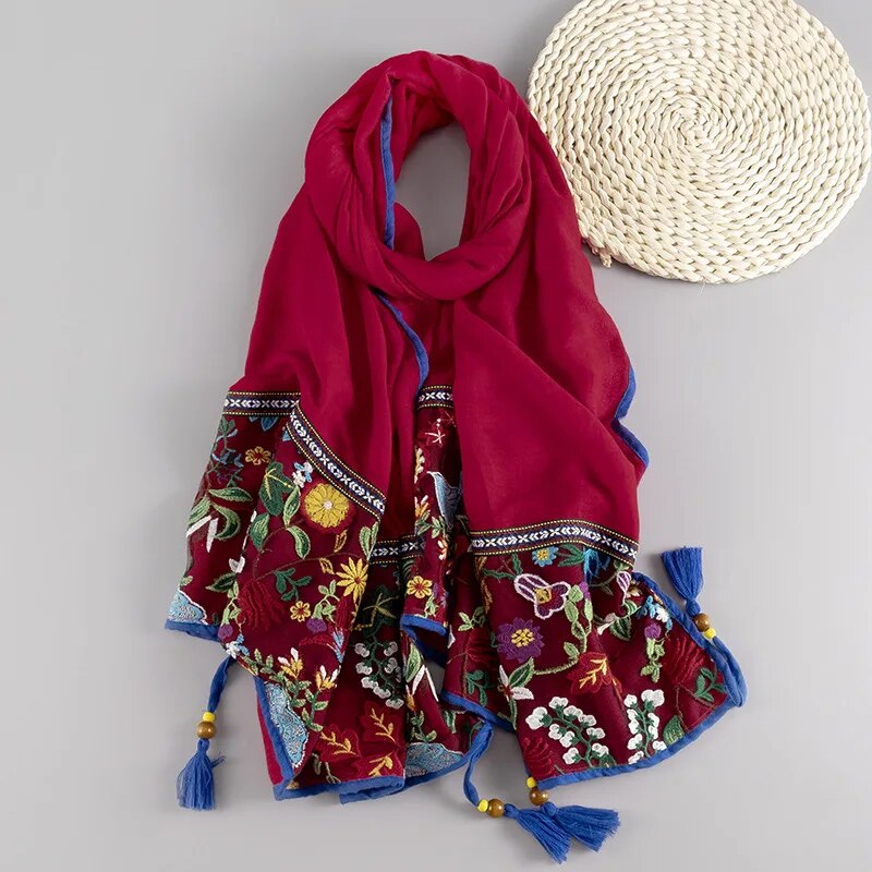 Elegant 2-3 Season Scarves/Shawls Embroidered on the long edge with colorful Floral Designs