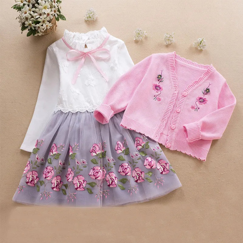 Kids Girls Clothing Set autumn winter spring Baby Girl Long Sleeve Cotton Sweater Coat+Dress 2Pcs Suits Children Clothes 3-9Year