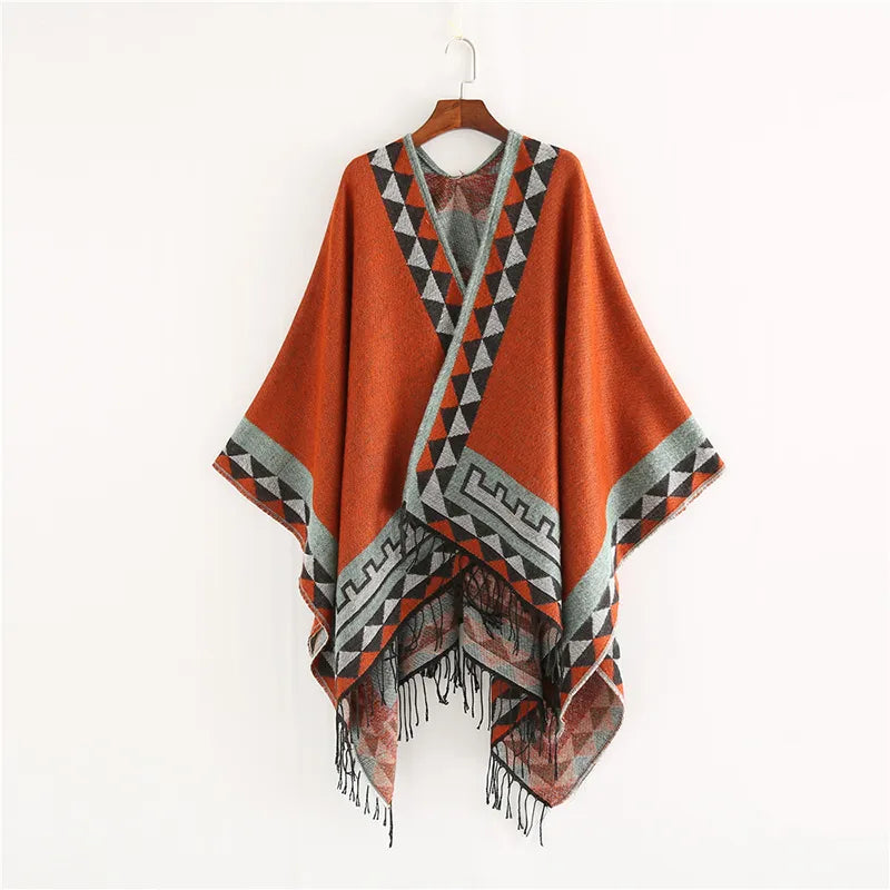 Indigenous Geometric Designs with Tassel/Fringe Pashmina Ponchos.