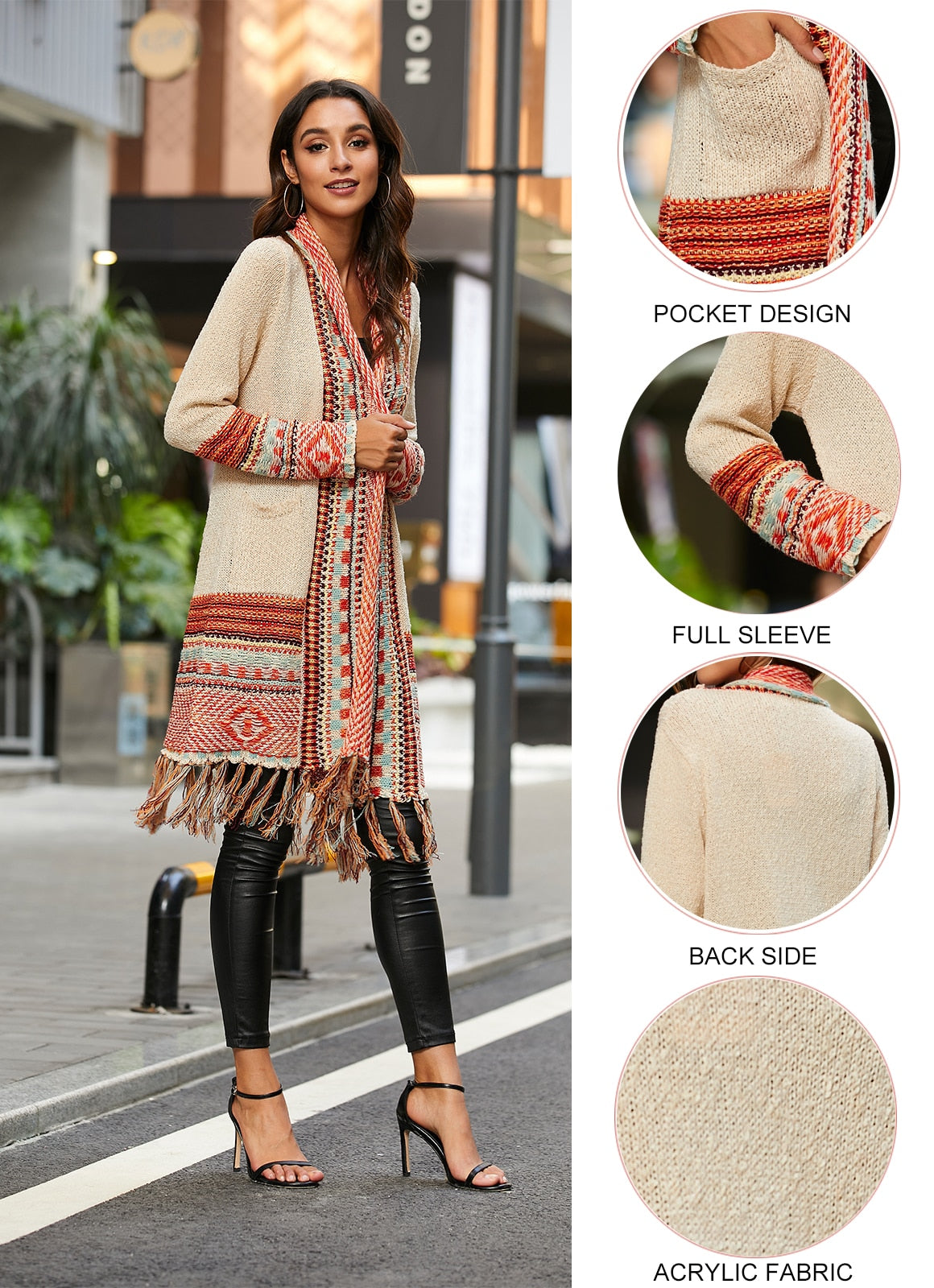 Cardigans in Two Attractive, Geometric Designs & color , Hem Fringe. Open Front Style with Pockets!