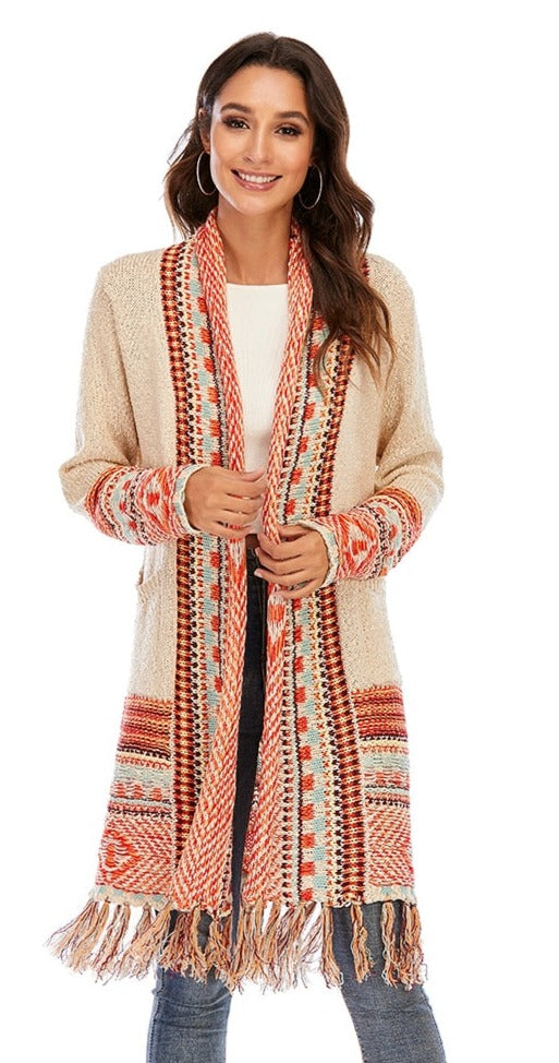 Cardigans in Two Attractive, Geometric Designs & color , Hem Fringe. Open Front Style with Pockets!