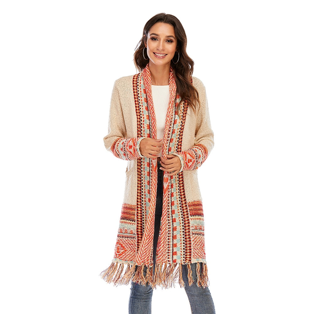 Peachy Boho Cardigan Sweater - Open Front with Pockets and Fringed Hem.