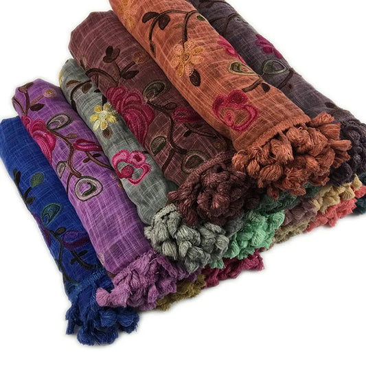 Women's Cotton Hijab Scarf Warm Embroider Soft Shawl Flower Tassel Fashion Muslim Headband Long Wraps Muffler Pashmina Bandana