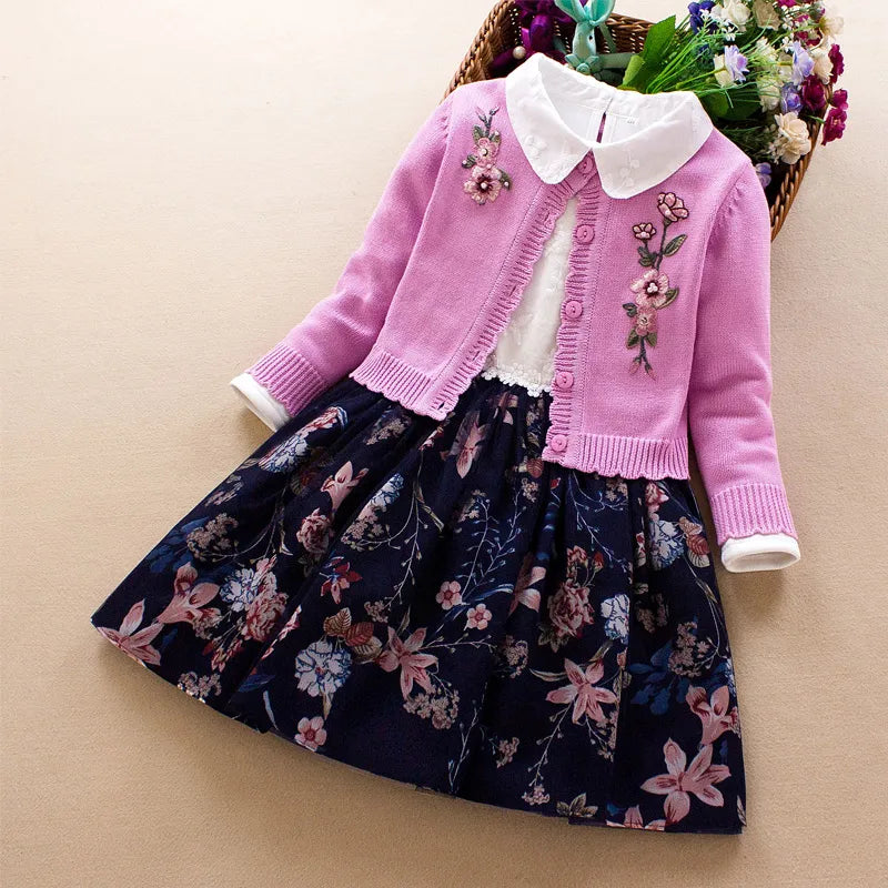 Kids Girls Clothing set 2019 autumn winter new Baby girl embroidered cotton sweater coat+dress 2Pcs little girl princess clothes