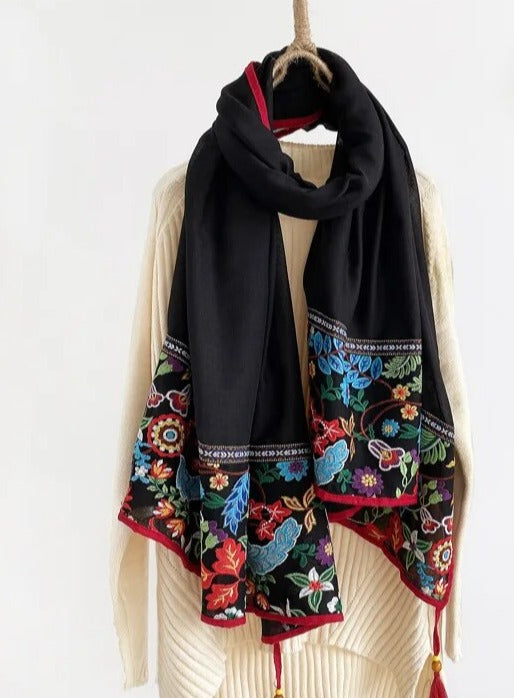 Elegant Three Season Scarves/Shawls Embroidered on the long edge with colorful Floral Designs