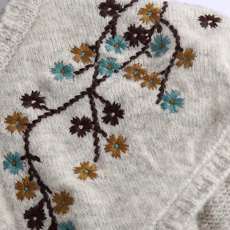 Retro wide Lapel with Flower Embroidered Sweater.  Simple and Special, Long Sleeve, Knit Pullover.