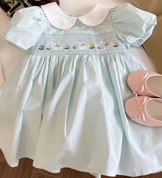 Very Special Smocked & Embroidered Easter Dresses in Pale Blue & Pale Pink - 12M to 6Y