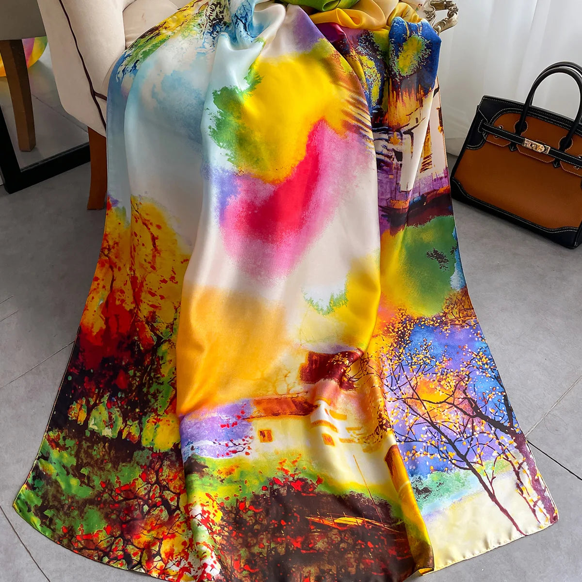 Four Seasons Silky Sun Protection. Extra large size, Fun! Nature design print Scarf. Great colors, really pops! 175cm/69" length.