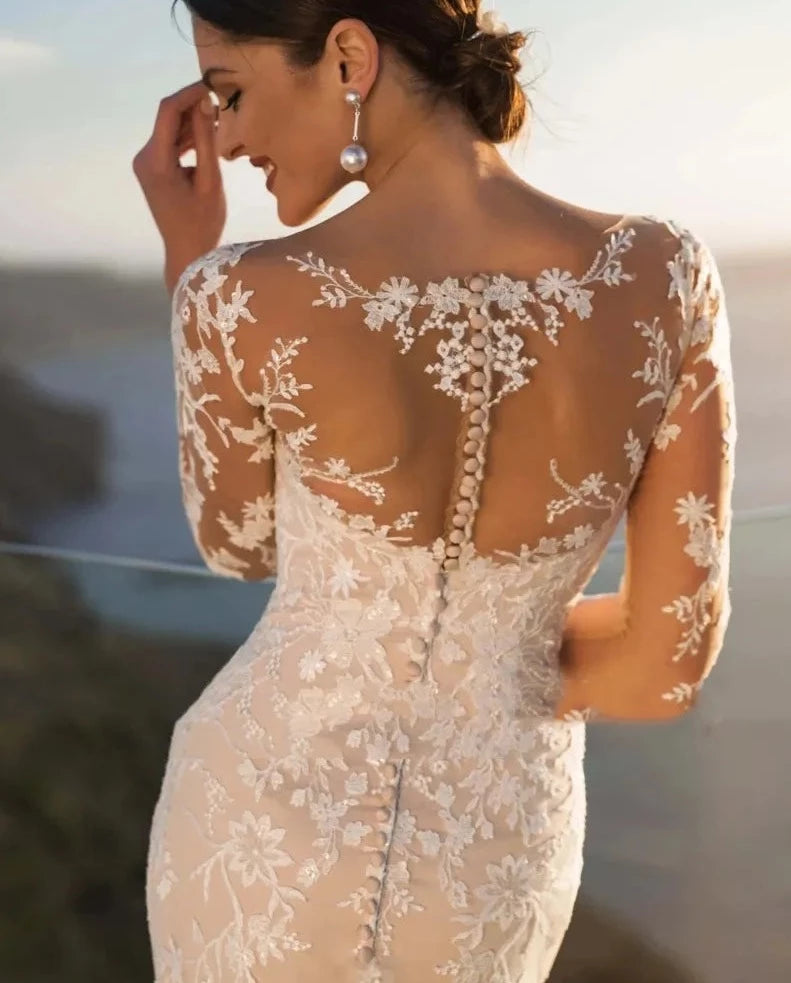 Gorgeous Lace Applique Mermaid Wedding Dress with Long Sleeves and Button Decoration, Illusion Back.