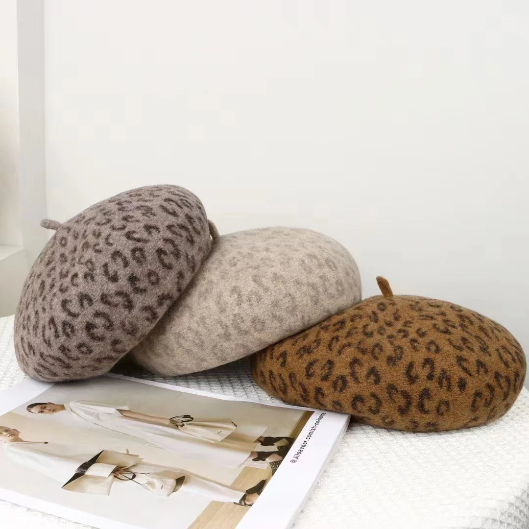 New Fun, Warm, and Elegant Leopard Print Berets in 4 colors. Top quality fashion design. 10" across at crown.