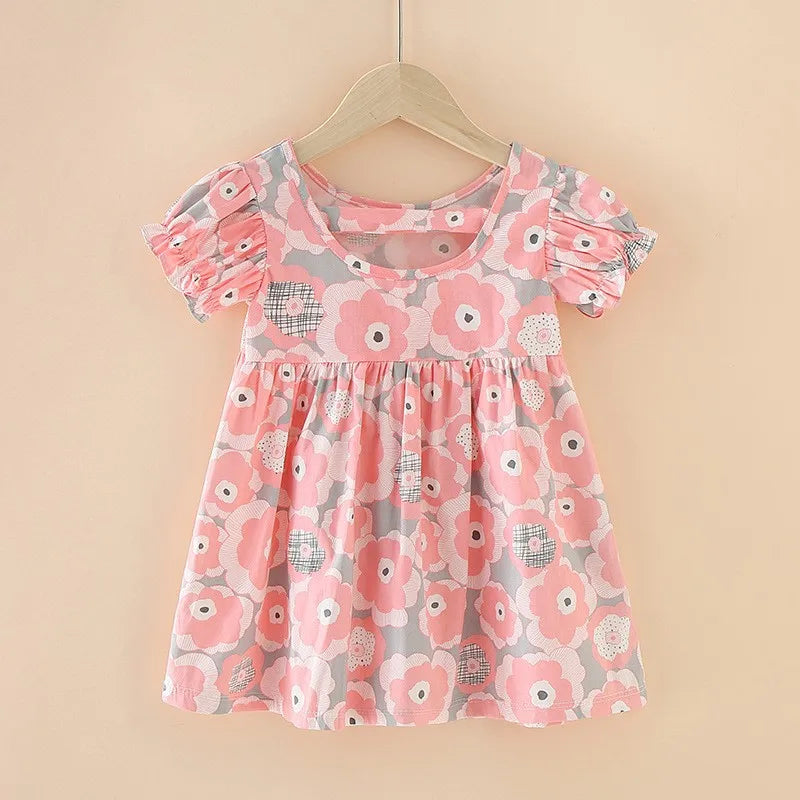 Spring Summer Korean Girls' Clothing Flower Print Cotton Kids Girls A-line Princess Dress Children's Short Sleeve Beach Dress