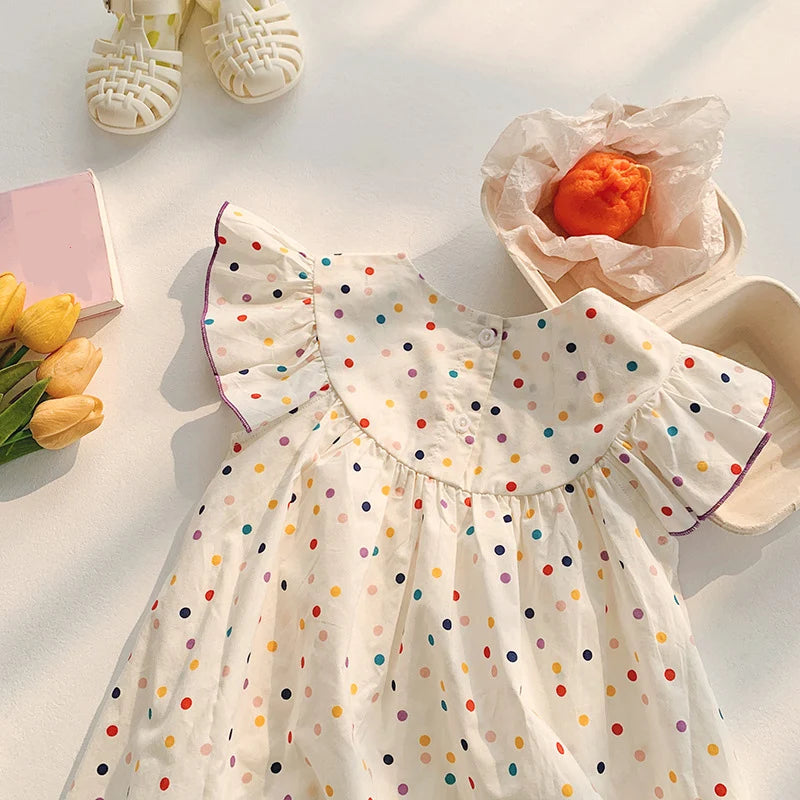 Humor Bear Children's Clothes Girl Dress Korean Embroidery Flying Sleeve Dress Sweet Colorful Polka Dot FPrincess Dress For 2-7Y