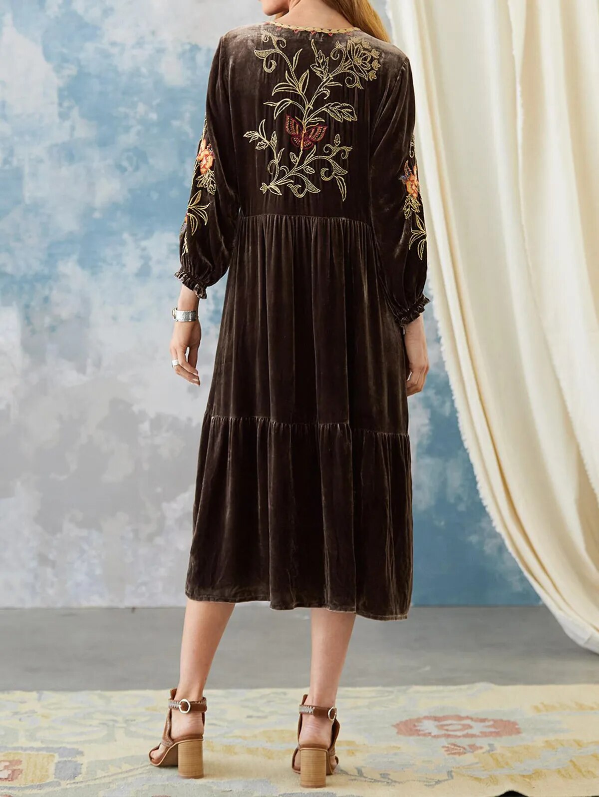 Velvet Midi Dress with Floral Embroidery at Collar and Sleeves... Great Fall Dress for practically any event of the season! Pair with Boots, Belt ++ for different looks.