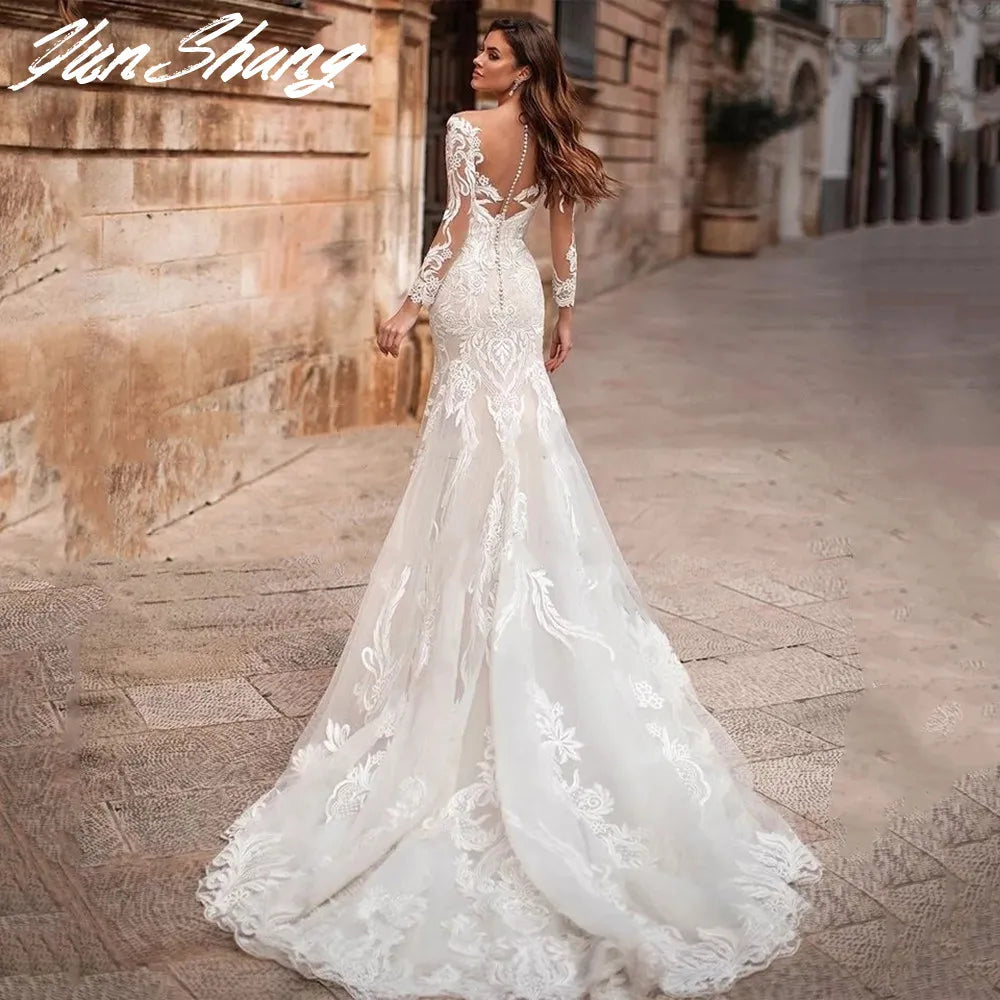 Mermaid Style, Backless, Lace Applique Wedding Dress with Long Sleeves and Train.