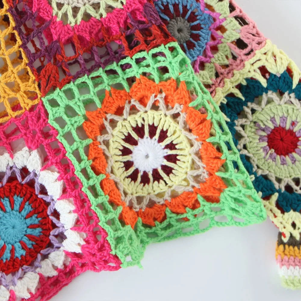 Groovy Spring/Summer Vibe Crocheted Granny Square Sweater. Multi-color with Trumpet Sleeves.