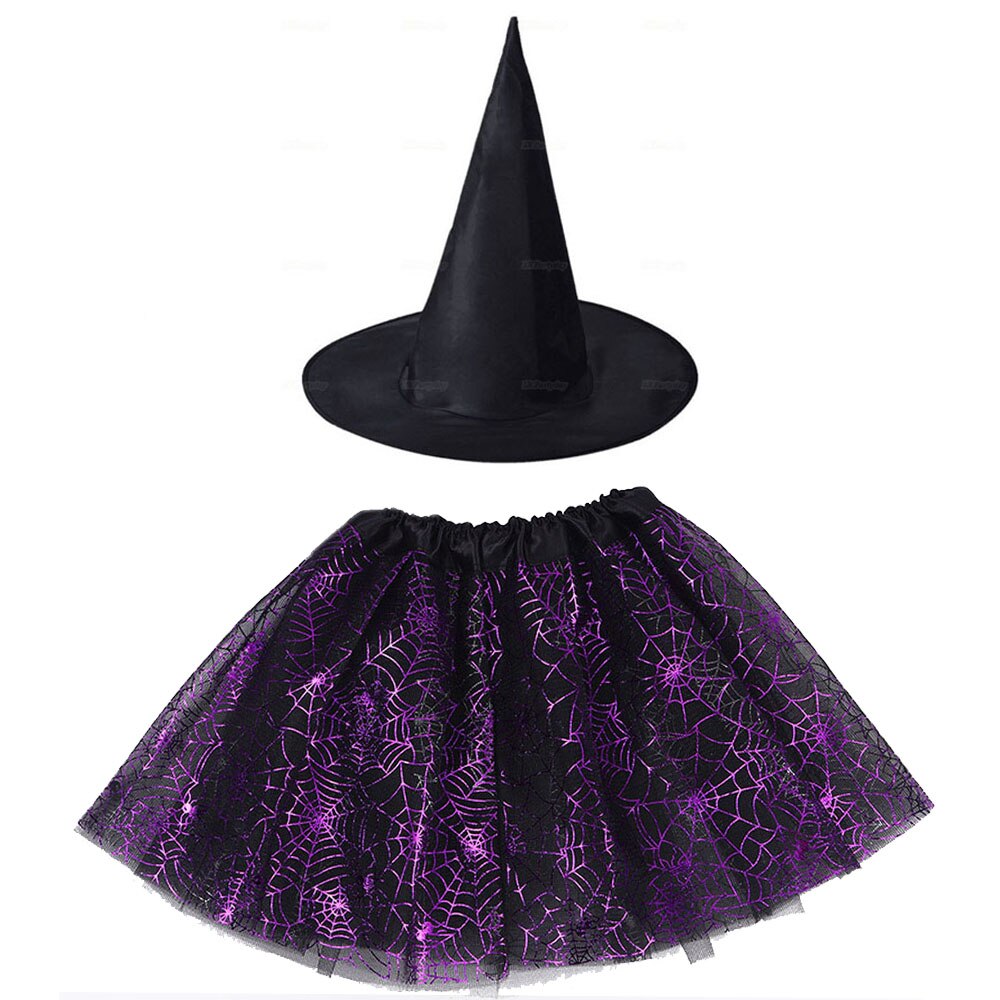 Kids Girls Women Adult Spider Web Tutu Cobweb Skirt Witch Wizard Hat Suit Party Outfits Carnival  Halloween Costume Bat Cloak