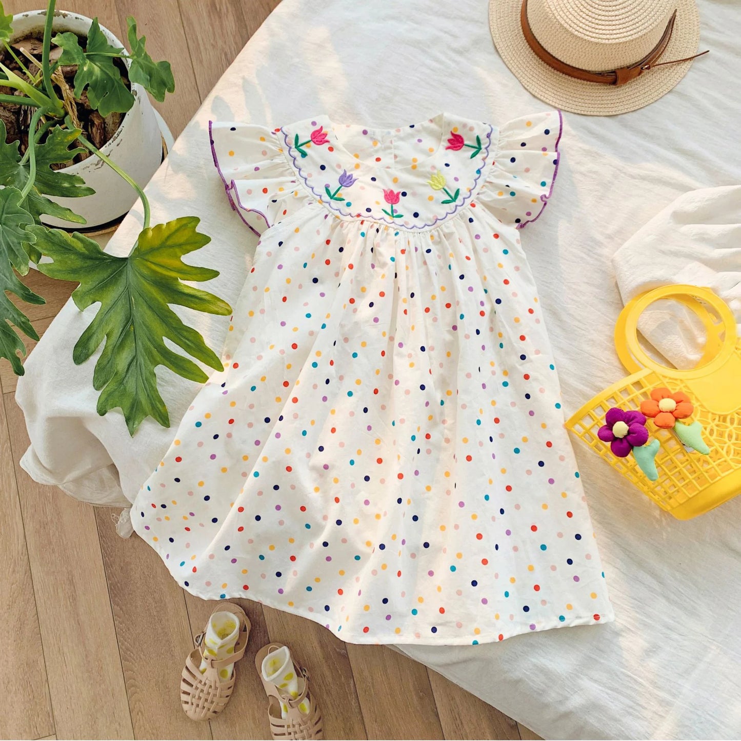 Humor Bear Children's Clothes Girl Dress Korean Embroidery Flying Sleeve Dress Sweet Colorful Polka Dot FPrincess Dress For 2-7Y