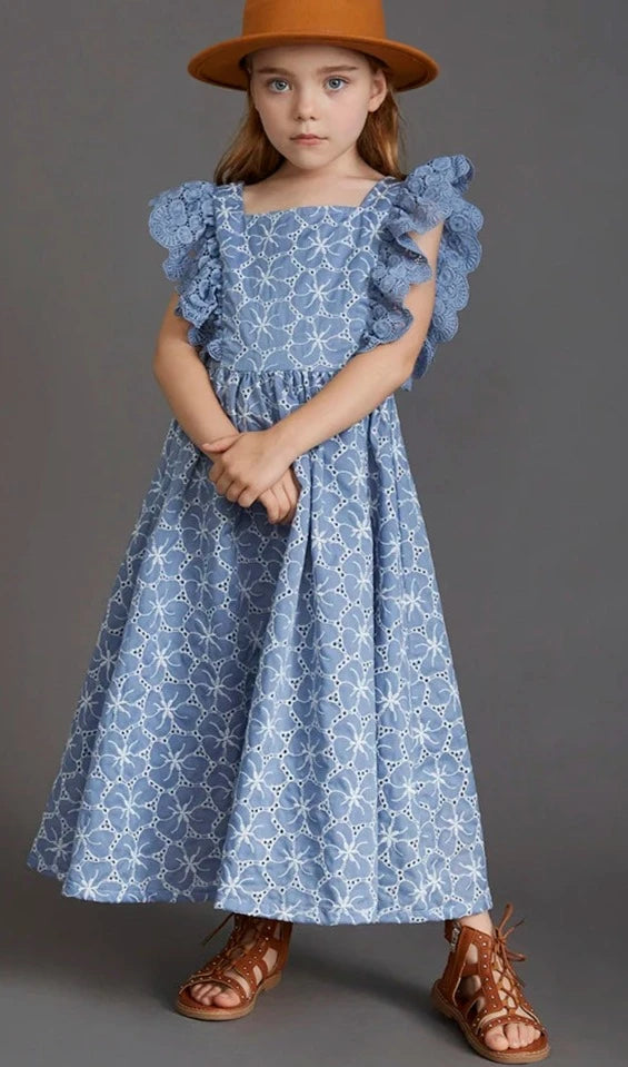 All-over Floral design- Embroidery and Cutwork. Midi length, young lady's Dress with Lace Ruffle Flutter Sleeves.