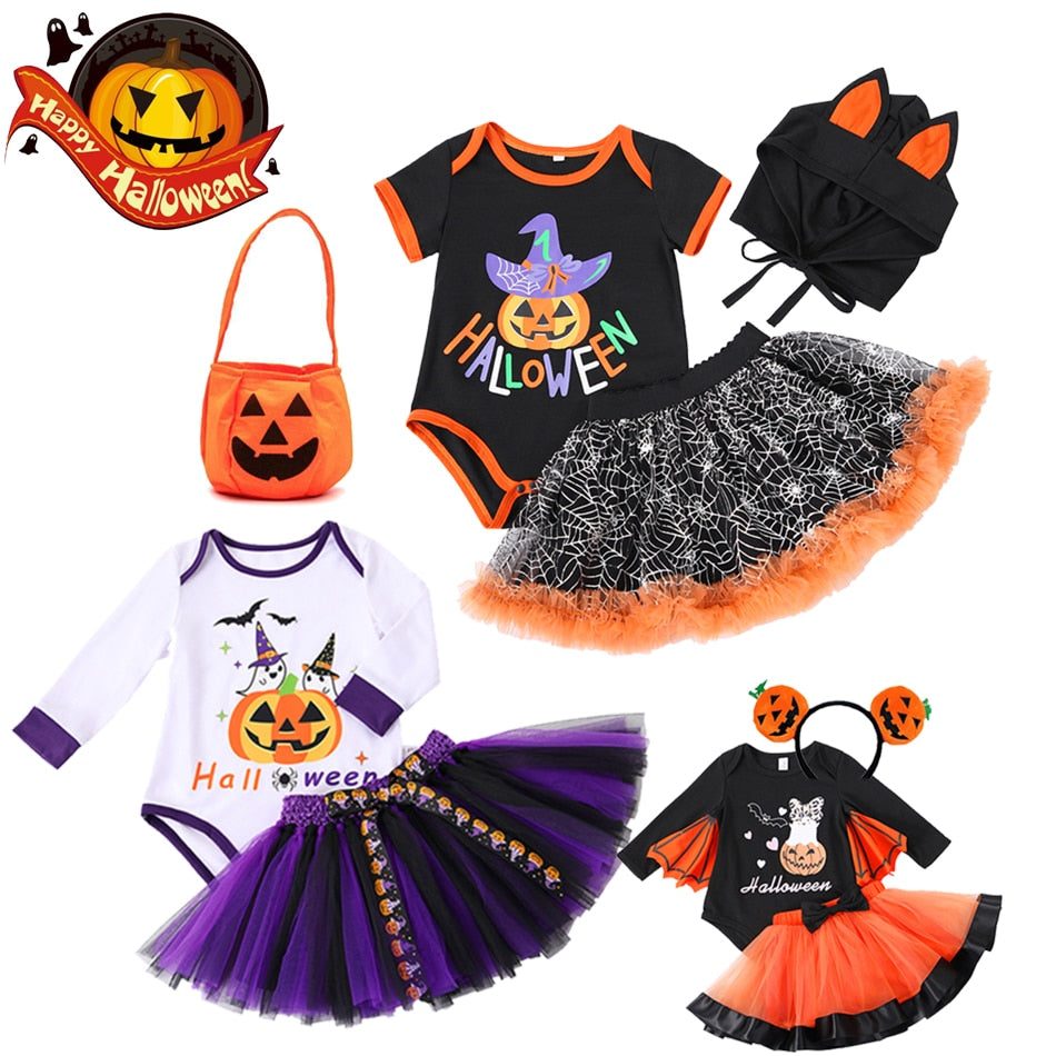 Halloween Pumpkin Dress for Girls Bat Print Mesh Ball Gown Tutu Dresses with Shawl Baby Carnival Easter Party Show Costumes Kids