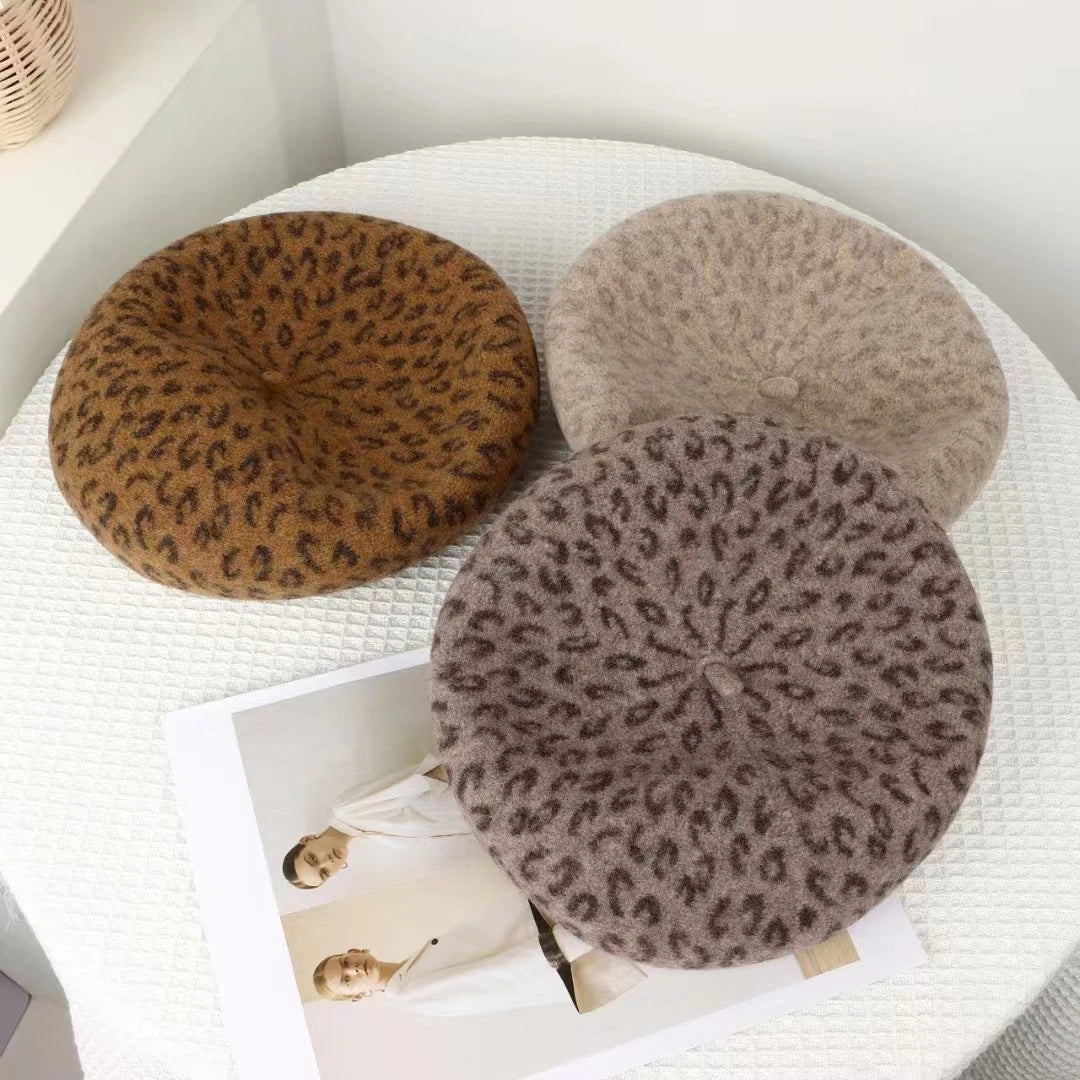 New Fun, Warm, and Elegant Leopard Print Berets in 4 colors. Top quality fashion design. 10" across at crown.