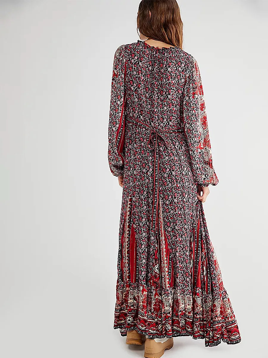 Long Boho, Floral Print Dress with a V Drawstring Neckline & comfy A-Line silhouette. Could be belted and paired with Vest, Hat, Boots and Jewelry For the complete Bohemian look! Go for it!