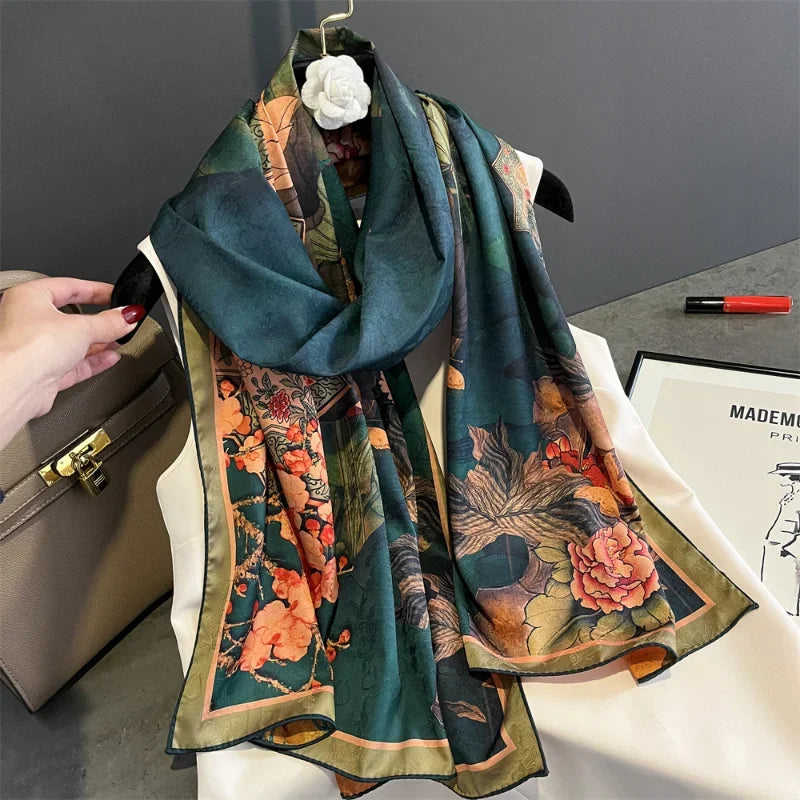 Chinese style lotus fragrant cloud yarn silk scarf female imitation silk shawl 2022 new autumn and winter warm scarf for mother