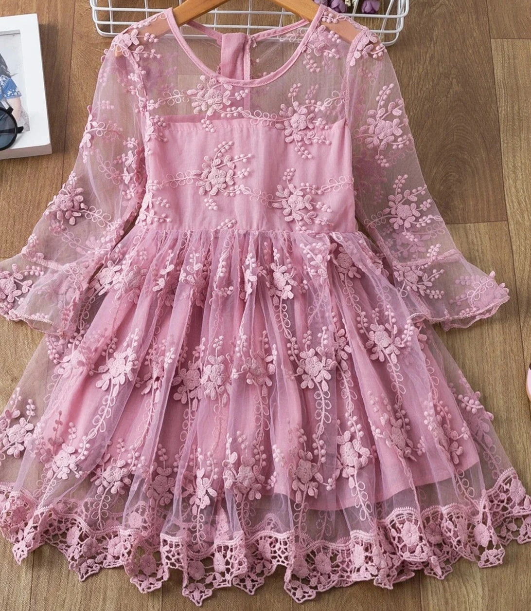 Beautiful Flower Lace Dress for Children 3-8 Years. Plum Pink Lace Dress for dressing up.