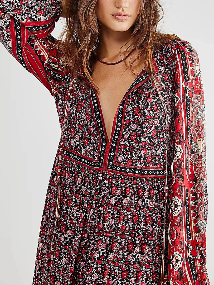 Long Boho, Floral Print Dress with a V Drawstring Neckline & comfy A-Line silhouette. Could be belted and paired with Vest, Hat, Boots and Jewelry For the complete Bohemian look! Go for it!