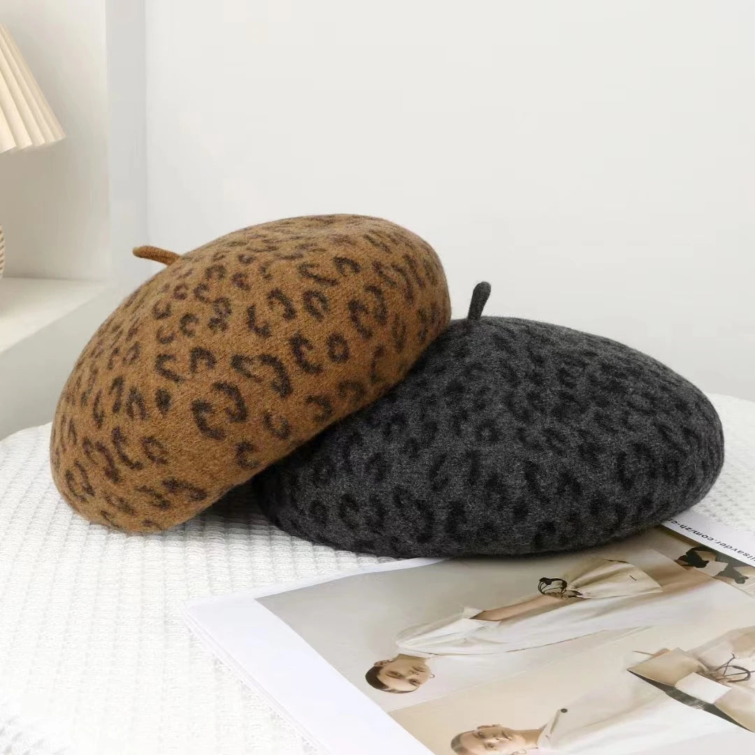 New Fun, Warm, and Elegant Leopard Print Berets in 4 colors. Top quality fashion design. 10" across at crown.